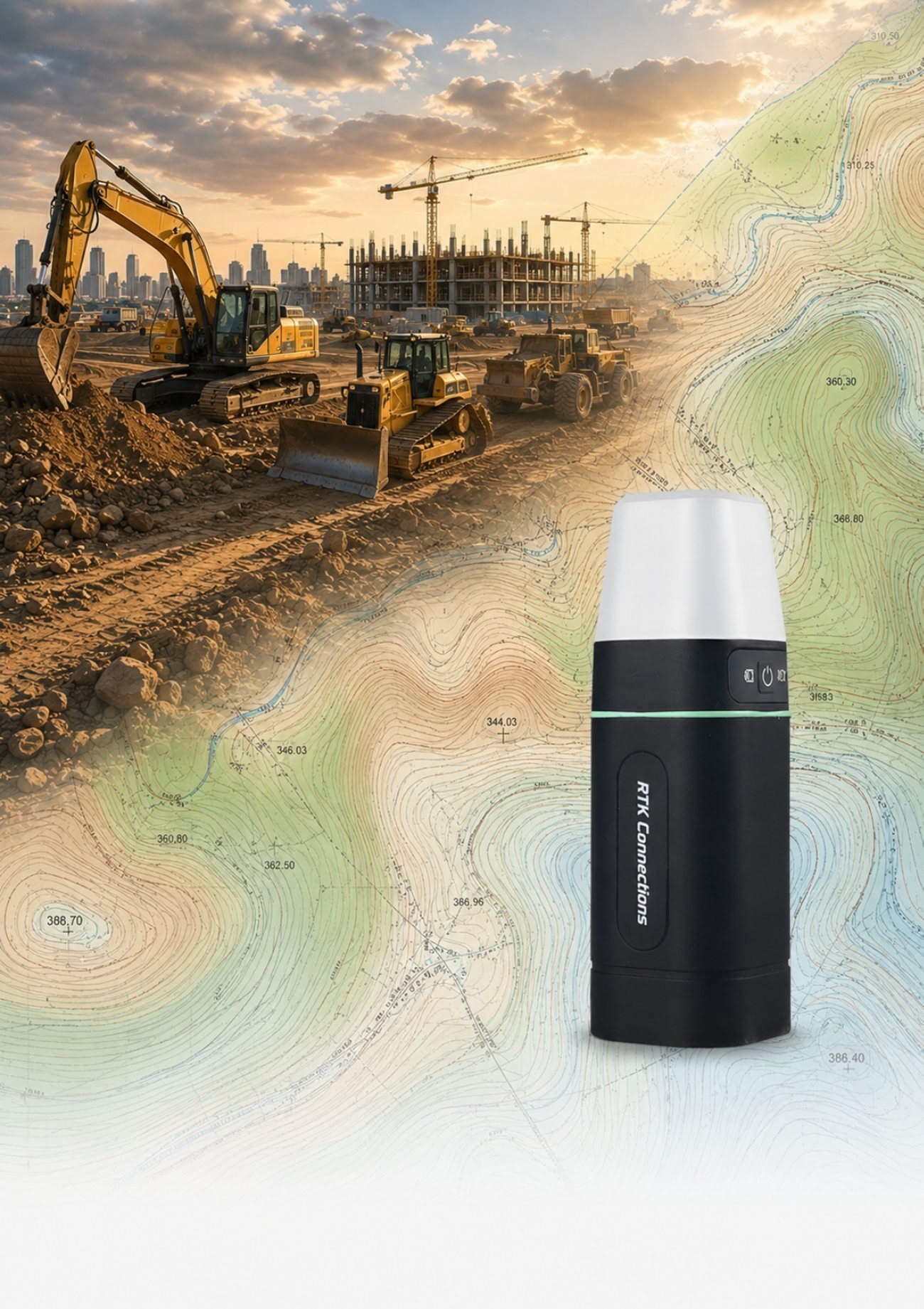 RTK Connections pocket-sized GNSS network RTK rover over a construction jobsite and topographic map